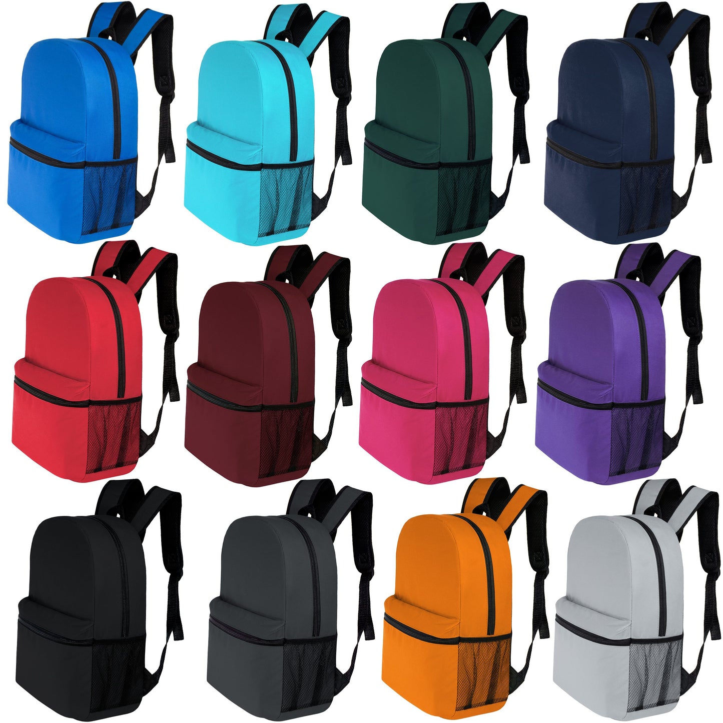 17" Kids Basic Wholesale Backpack in 12 Colors With Side Pocket - Bulk Case of 24 Bookbags