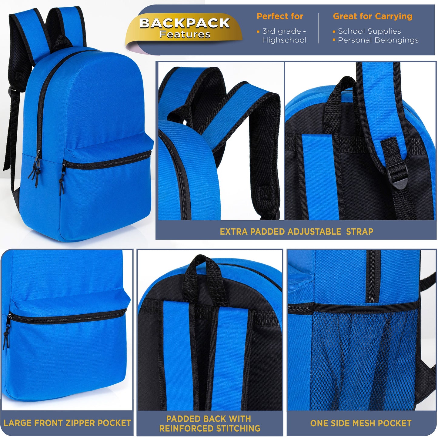17" Kids Basic Wholesale Backpack in 12 Colors With Side Pocket - Bulk Case of 24 Bookbags