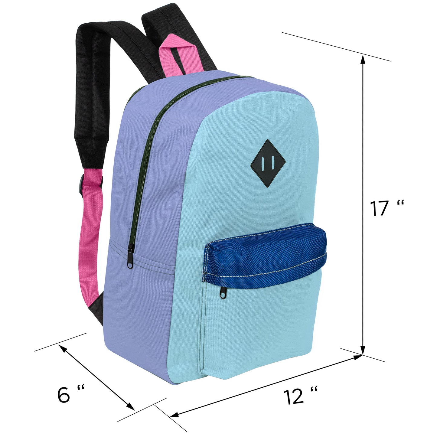 17" Kids Diamond Patch Backpacks in 6 Colors with a Padded Back - Bulk Case of 24