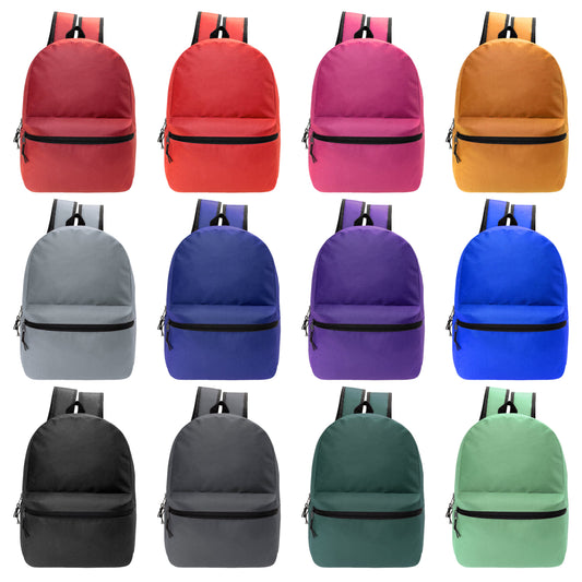 15" Kids Basic Wholesale Backpack in 12 Colors - Bulk Case of 24