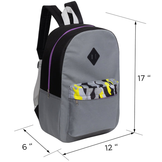 17" Padded Back Kids Wholesale Backpacks with a Diamond Patch in 3 Colors  - Bulk Case of 24